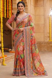 Sari de seda Chinon de diseñador con borde de ribete, borlas Latkan y auténtico trabajo de espejo, reversible, estilo fiesta, largo hasta el tobillo - Product Image 2