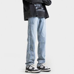 Jeans de Mezclilla de Pierna Recta para Hombre, Corte Slim, Lavado a la Piedra, Diseño de Cruz Bordada, Estilo Urbano, Otoño, Algodón de Peso Medio - Product Image 4