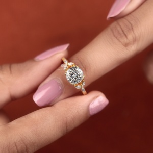 Portuguese Cut Lab Grown Diamond Engagement Ring with Marquise Side Stones 14K 18K Gold Solitaire Ring Handmade Fine Jewelry - Product Image 6