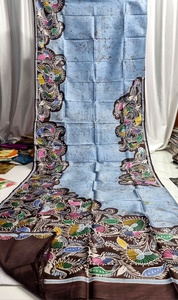 Sari en coton bleu avec imprimé floral dessiné à la main, tenue traditionnelle indienne et pakistanaise pour mariage et fête, longueur au sol, coupe classique pour femme - Product Image 4