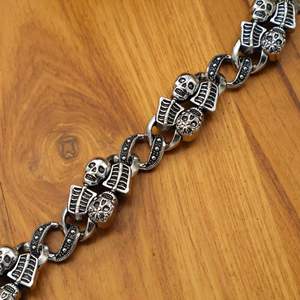 Pulsera de eslabones con calavera de latón chapado en plata antigua, cadena plana gruesa, joyería gótica para motociclistas, al por mayor - Product Image 2