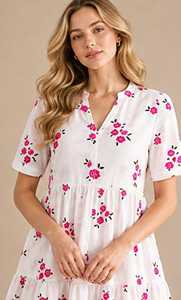 Robe Courte Évasée à Col en V Imprimé Floral, Manches Courtes, Coupe Ample, Décontractée, Respirante, 100% Coton Tissé, Ourlet Étages pour l'Été - Product Image 6