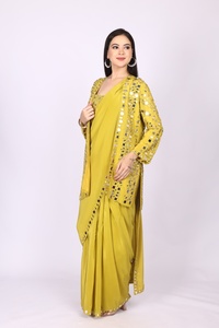 Luxury Designer Crepe Saree with <b>Jacket</b> with Mirror wok at full body and <b>jacket</b> with saree border For Every Occasion - Product Image 6