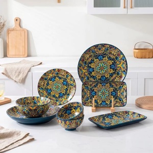 Juego de vajilla de cerámica con diseño colorido, plato redondo grande, plato rectangular, tazón para sopa, tazón para ensalada, con acabado bajo esmalte. - Product Image 1