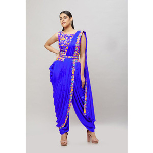 DISEÑADOR GEORGETTE BORDADO TRABAJO SAREE ESTILO DHOTI BLUSA CON DUPATTA AZUL - Product Image 1