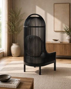 Fauteuil lounge moderne en teck massif avec dossier à lattes et coussin en mousse, finition noire, design contemporain pour salon - Product Image 3