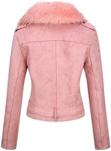 Wholesale Womens Pink <b>Suede</b> <b>Jacket</b> Faux Fur Collar Belted <b>Biker</b> Coat Zip Up Moto <b>Jacket</b> Fashion Winter Outerwear OEM Manufacture - Product Image 2