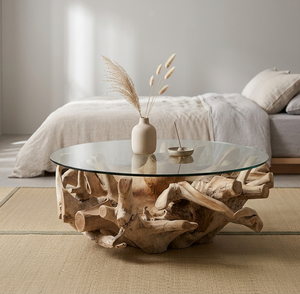 Table basse de luxe Keysha durable en teck naturel de qualité supérieure avec plateau en verre artistique – Pièce unique et moderne - Product Image 4
