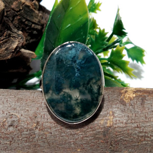 Bague ovale en agate mousse naturelle, argent sterling 925, faite à la main, bijou statement pour homme et femme, cadeau personnalisé - Product Image 2