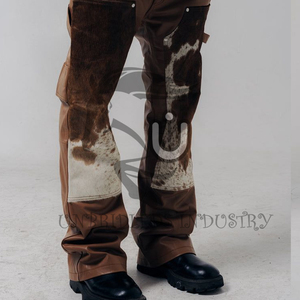 Pantalon à double genouillère en cuir de vachette marron et blanc - Product Image 2