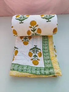 Premium 100% Cotton Yellow Floral Block Print Reversible Razai Soft Warm <b>Winter</b> Blanket Hand Printed Ethnic Indian Bed <b>Quilt</b> - Product Image 6