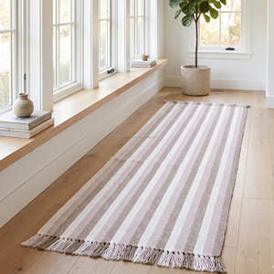 Entrance Area Cotton Runner Rug Personalized Cotton Rug With Fringe Beige White Tone Rectangle Flat Weave Hallyway Runner Rugs - Product Image 1