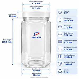 1050ml Clear PET Square Food Storage <b>Jar</b> with Wide Mouth <b>Screw</b> Cap for Dry Food Packaging Manufacturer in Vietnam - Product Image 3