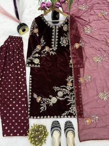 Awesome Slim Fit Ladies Salwar Suit Diwali Festival Wear Top-Bottom-Dupatta Set Embroidery Work Indian Pakistani Clothing - Product Image 2