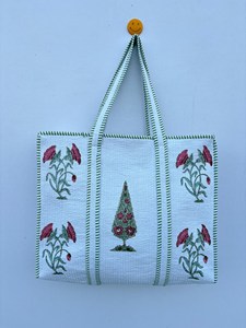 Luxury <b>White</b> Cotton Tote <b>Bag</b> With Floral Print Green Striped Handles Bohemian Style Summer Casual Zipper Shopping Travel Handbag - Product Image 1