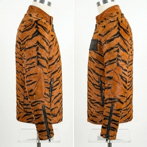 Custom Mens Tiger <b>Pattern</b> Hair-on-Hide Genuine Leather Jacket Wholesale Real Cowhide Moto Biker Stand Collar Slim Fit Coat - Product Image 4