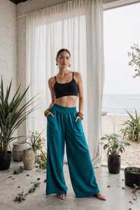Women's Teal Wide Leg Pants High Waist Elastic Loose Fit Full Length Solid Color Bohemian Summer Style With Pockets - Product Image 3