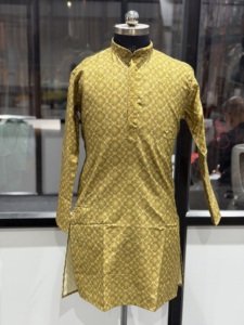 <b>Men's</b> Golden Silk <b>Kurta</b> Traditional Ankle-Length Wedding Wear India Pakistan Style Regular Fit All Seasons - Product Image 2