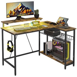 Brown Reversible L-Shaped Home Office PC Desk <b>Corner</b> Desk with <b>Storage</b> MDF Material Featuring Lights Power Outlet USB Ports - Product Image 1