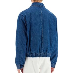 Veste en jean bleu foncé personnalisée pour homme, fermeture éclair intégrale, col montant, manches longues, style streetwear décontracté - Product Image 2