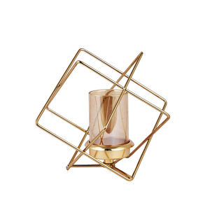 Porte-bougie géométrique en métal doré avec insert en verre, lanterne décorative pour bougie chauffe-plat, décoration intérieure et centre de table - Product Image 3
