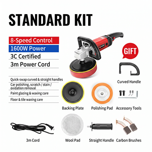 1600W 7" Electric Car Buffer Kit, Long Side Handle and D Handle, Wool and Foam <b>Pads</b> for Car Body Paint <b>Scratch</b> Removal - Product Image 1
