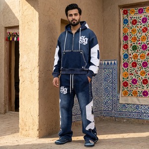Custom Men's Winter Casual Denim <b>Hoodie</b> & Jogger Pants Tracksuit Set Solid Pattern Streetwear Embroidered Graphic Patchwork - Product Image 1