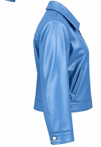 Chaqueta de moto de piel sintética azul para mujer, abrigo corto estilo biker con cuello vuelto y cierre de cremallera - Product Image 3