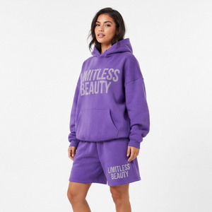 <b>Women</b> Loose Fit Hooded Sweat <b>Short</b> Set 100% Polyester Full Sleeve Drop Shoulder <b>Knee</b> <b>Length</b> <b>Shorts</b> Casual Fleece Sweat <b>Short</b> Set - Product Image 4