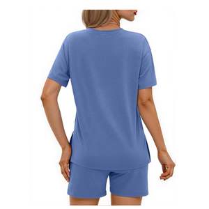 Conjunto Casual de Dos Piezas para Mujer, Verano, Cuello en V, Camiseta de Manga Corta y Pantalones Cortos, Ropa de Salón, Conjunto Combinado, Venta al Por Mayor, OEM - Product Image 4