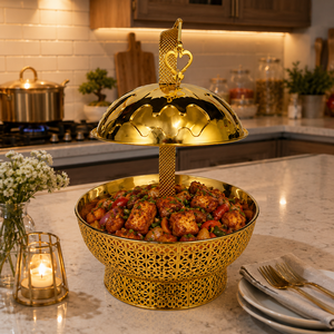 Calentador de Comida Tipo Buffet de Lujo en Latón con Tapa de Cúpula para Hotel, Catering, Restaurante, Banquete, Fabricante OEM ODM - Product Image 4
