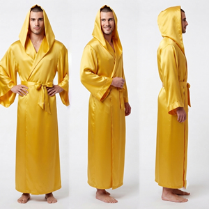 Bata de dormir 100% seda satinada con cinturón de seda, bata de satén con capucha, bata de satén ligera de verano para hombre - Product Image 6