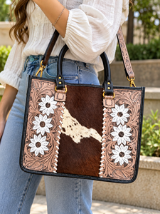 Nuevo Bolso Tote de Cuero Auténtico, Elegante Bolso de Mano de Cuero con Pelo, Tallado a Mano, Multiusos para Mujer - Product Image 1