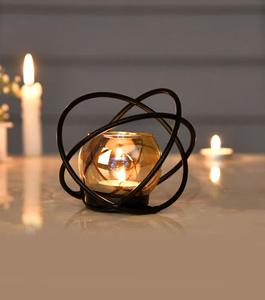 Portavelas Moderno de Hierro con Esfera de Vidrio y Anillos Entrecruzados para Decoración del Hogar - Product Image 1