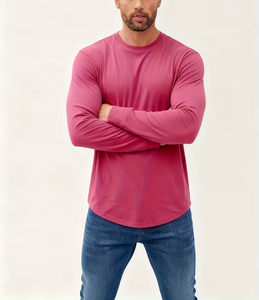 Men's Long Sleeve O-Neck T-Shirt Solid Pink Regular Fit Casual Knitted Jersey 100% Cotton Breathable Quick Dry 180g - Product Image 2