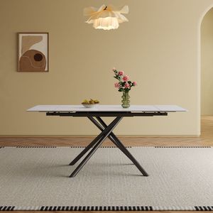 Set Tavolo da Pranzo Rettangolare Moderno con Piano in Pietra Sinterizzata Retrattile e Gambe in Acciaio al Carbonio Nero, Design Rettangolare Elegante - Product Image 3