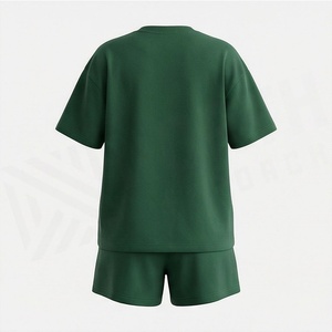 Ensemble décontracté 2 pièces pour femme en coton tricoté vert uni : T-shirt à manches courtes et short au-dessus du genou, coupe ample, idéal printemps-été - Product Image 2
