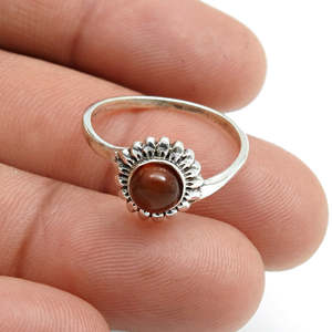 Minimalist Design Round Cut Carnelian Gemstone Band Artisan Flower Ethnic Bohemian <b>Ring</b> <b>Crafted</b> From 925 Sterling Silver - Product Image 1