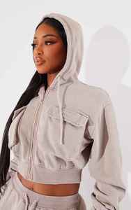 Sudadera Corta con Capucha para Mujer, Manga Larga, Cierre de Cremallera, Color Sólido, Mezcla de Algodón, Tejido de Punto, Ropa Casual de Otoño - Product Image 5