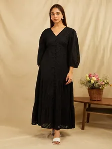 Black Dot Print Maxi <b>Dress</b> With V-Neck Puff Sleeves And Layered Hem Loose Fit Casual Woven Cotton <b>Dress</b> For Daily Wear - Product Image 1