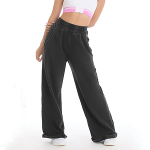 Joggers pour femmes de haute qualité, délavés à l'acide, à jambe large, à ourlet déchiré, délavés à la pierre - Product Image 1