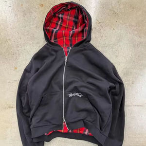 Sudadera con capucha a cuadros vintage con diseño personalizado con cremallera, doble capa, franela en el interior y algodón French Terry en el exterior - Product Image 4