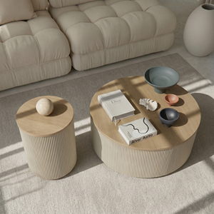 Minimalist Wood Coffee <b>Table</b> Set <b>Round</b> Nesting Design Ribbed Texture Modern Living Room Furniture <b>Side</b> <b>Table</b> - Product Image 6