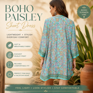 Tunique en soie bohème de luxe pour femme, taille unique, vert mousse de mer, motif floral corail, style Ibiza, coupe ample, col en V, élégante, décontractée, pour la plage et les stations balnéaires - Product Image 5