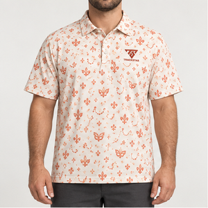 เสื้อโปโลพิมพ์ลายหน้ากากคาร์นิวัล Trackstar รุ่น Men's Cream Coral Fleur De Lis แขนสั้น คอปกติดกระดุม เสื้อกอล์ฟ รับสกรีนโลโก้ - Product Image 1