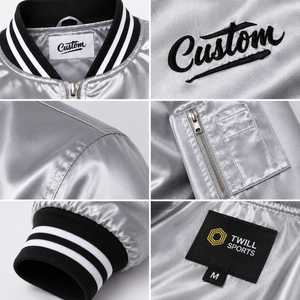 Custom Men's <b>Silver</b> Bomber <b>Jacket</b> Stand Collar Embroidered Front Logo Pullover Closure Satin Finish Casual Streetwear Winter - Product Image 5