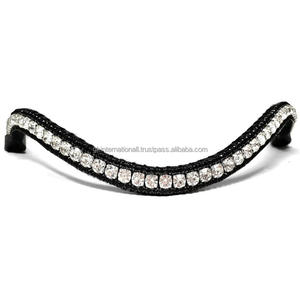 Banda frontal para caballo de cuero inglés negro, diseñada con 3 hileras de cristales blancos y negros, banda frontal brillante con pedrería. - Product Image 2