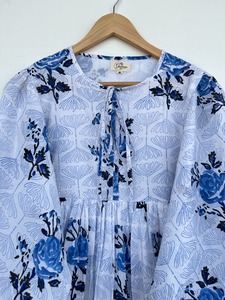 Vestido Maxi de Algodón con Estampado Floral Azul y Blanco para Mujer, Manga 3/4, Cuello con Lazo, Estilo Boho, para Verano, Festividades, Picnic y Vacaciones, Corte Holgado - Product Image 2