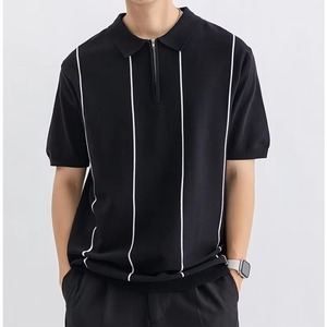 เสื้อโปโลผู้ชายสีขาว แขนสั้น คอปก ซิปครึ่งตัว ลายทางแนวตั้ง ผ้าถัก สวมใส่สบาย ทรงปกติ เหมาะสำหรับฤดูร้อน - Product Image 2