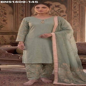 Traje de satén Malai de primera calidad con bordado en las mangas - Colección de conjuntos Salwar-Dupatta de alta calidad - Proveedor de moda femenina de la India - Product Image 1